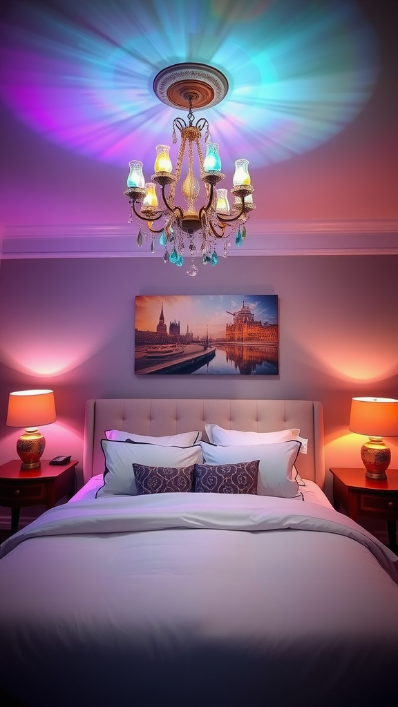 Cozy bedroom with colorful chandelier and ambient lamps