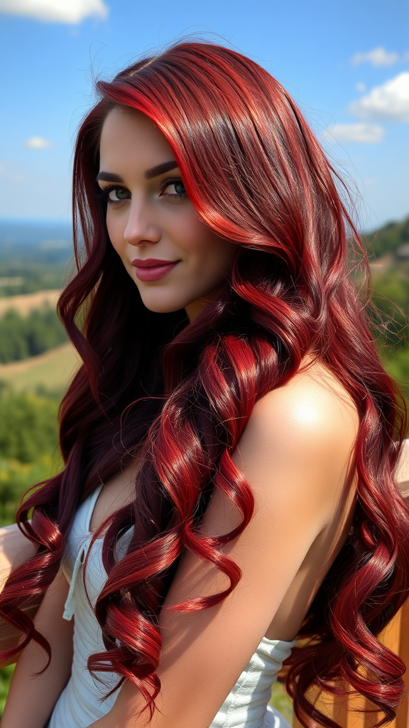 A person with long crimson curls, smiling and looking towards the camera.