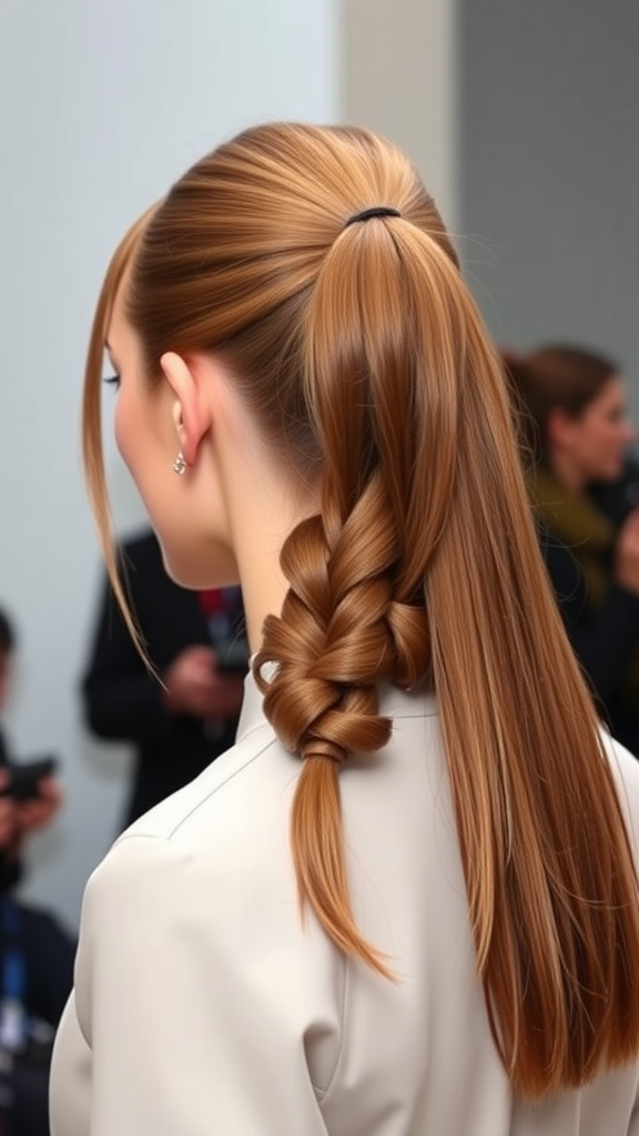 A model showcasing a long ponytail with a twisted section, demonstrating a stylish hairdo.