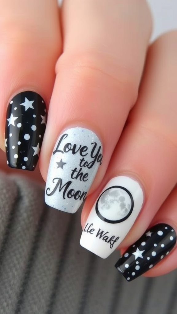 Nail art featuring a black and white theme with stars, a moon design, and the phrase 'Love You to the Moon.'