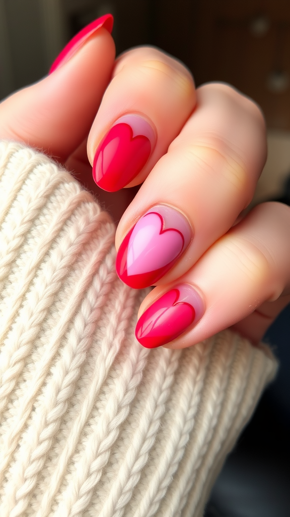 Nails with gradient heart designs in pink and red