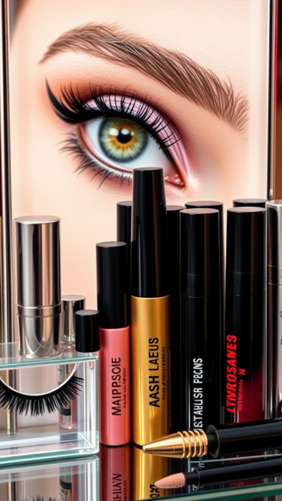 An array of mascara and false lash products displayed next to a beautifully made-up eye with bold lashes.