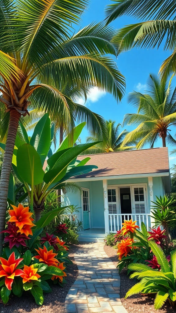 Cottage surrounded by vibrant flowers and palm trees under a clear blue sky