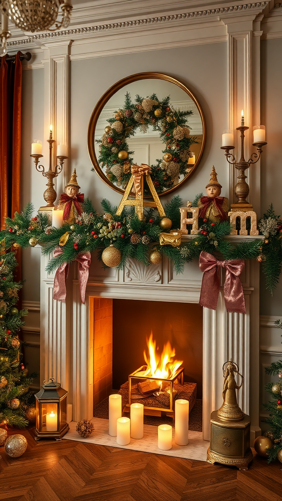 Beautifully decorated fireplace with a lush velvet-themed holiday decor