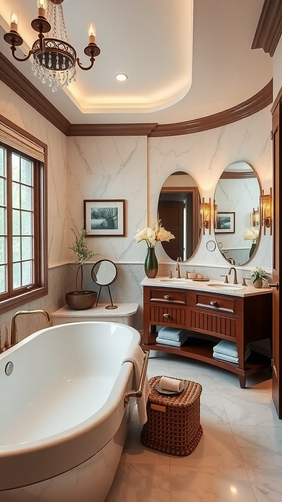 Luxurious bathroom with a freestanding tub, wooden vanity, and elegant decor.