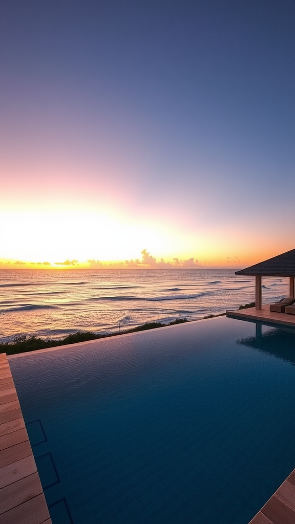 A luxurious beachfront villa with an infinity pool overlooking the ocean at sunset.