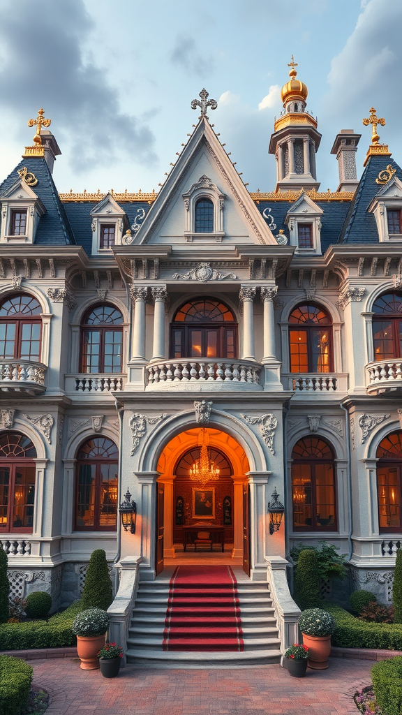 A grand mansion with intricate architecture and a warm inviting entrance.