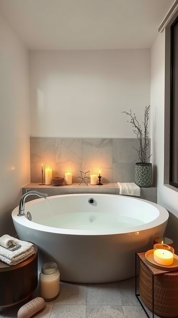 A luxurious spa bathroom featuring a round bathtub, candles, and soft lighting.