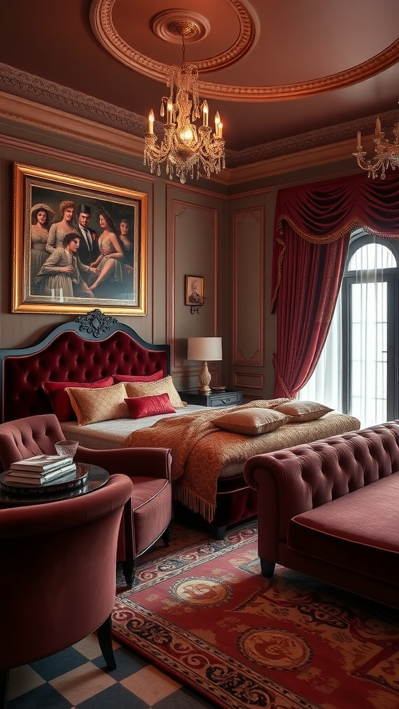 Luxurious bedroom with velvet accents, featuring a red bed, armchairs, and elegant decor.