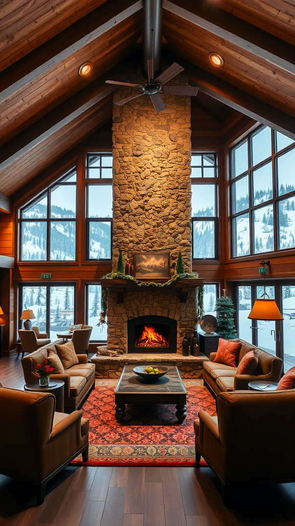 Interior of a luxury ski lodge with a stone fireplace and cozy seating.