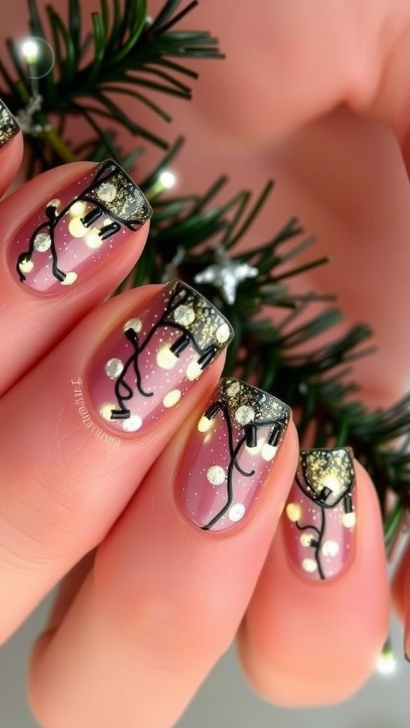 Nails designed with fairy lights pattern and festive colors.