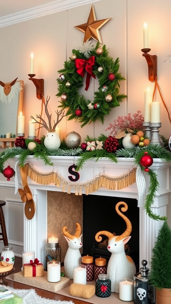 Cozy fireplace decorated with Christmas wreath, candles, and charming figurines.