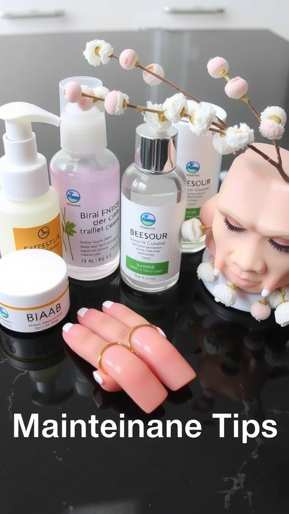 A collection of nail care products with BIAB nails and a decorative face statue.