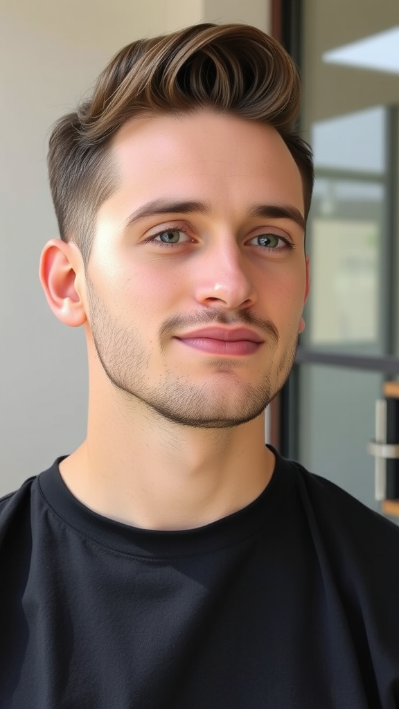 A young man with a stylish haircut, smiling confidently.