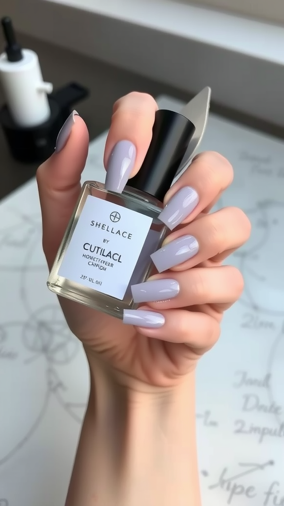 A hand holding a bottle of Shellac cuticle oil with neatly manicured nails.
