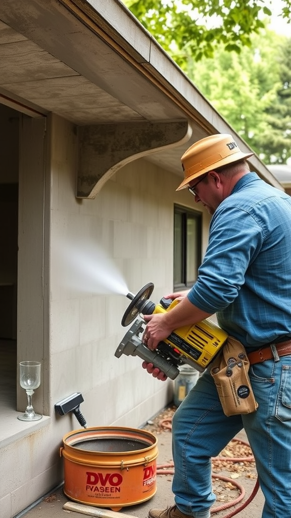 A person using a power tool to maintain a concrete surface outside a house.