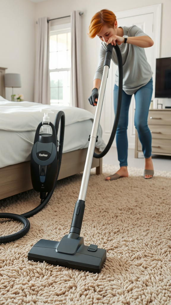 A person vacuuming a carpet in a bedroom
