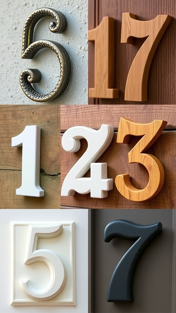 A collage of various house numbers made from different materials, showcasing styles from ornate metal to sleek wood and plastic.