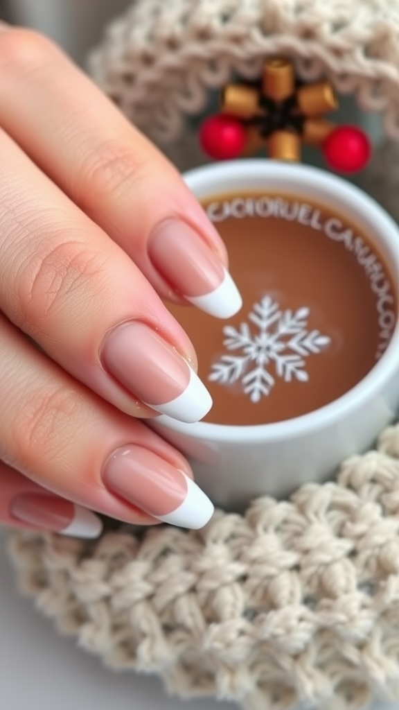 A hand with matte finish nails featuring glossy white tips, resting near a cup of hot beverage decorated with a snowflake.