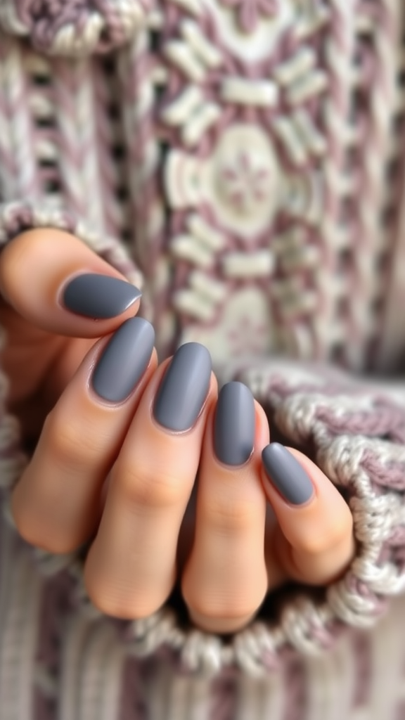 Close-up of hands with matte grey nails and glossy tips against a cozy knitted background.