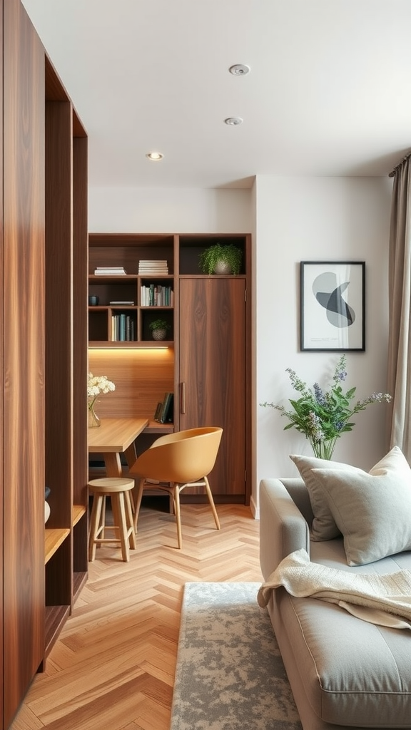 Cozy small living space with a desk, shelves, and sofa
