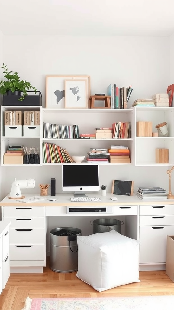 A well-organized craft room with a desk, computer, bookshelves filled with supplies, and a white pouf.