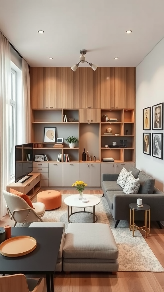 Living room with wooden cabinetry, gray sofa, and stylish decor