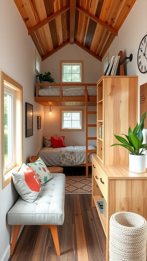 A small living space featuring a lofted bed, wooden furniture, and large windows.