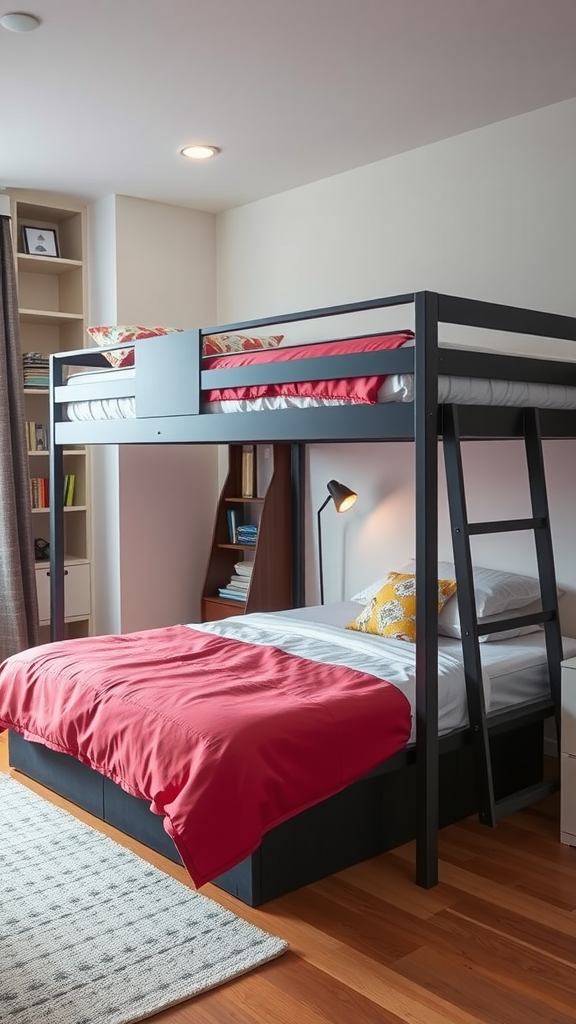A stylish room featuring a bunk bed with a coral blanket on the bottom and decorative pillows on top, complemented by a lamp and a bookshelf.