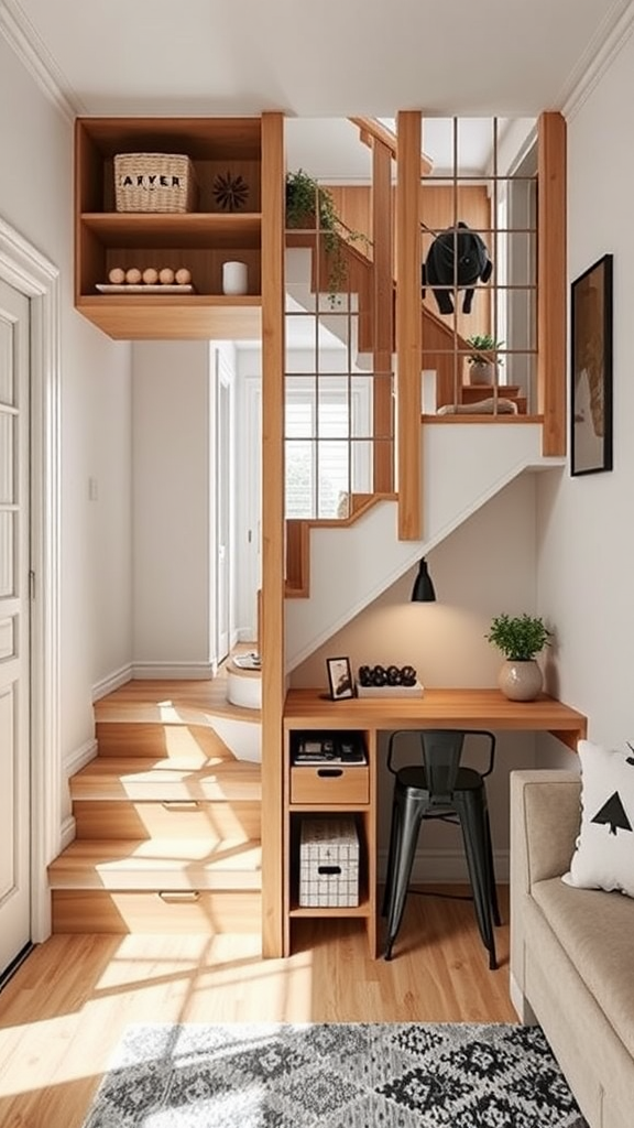 A modern interior view featuring a staircase with built-in storage, a desk area under the stairs, and bright, inviting decor.