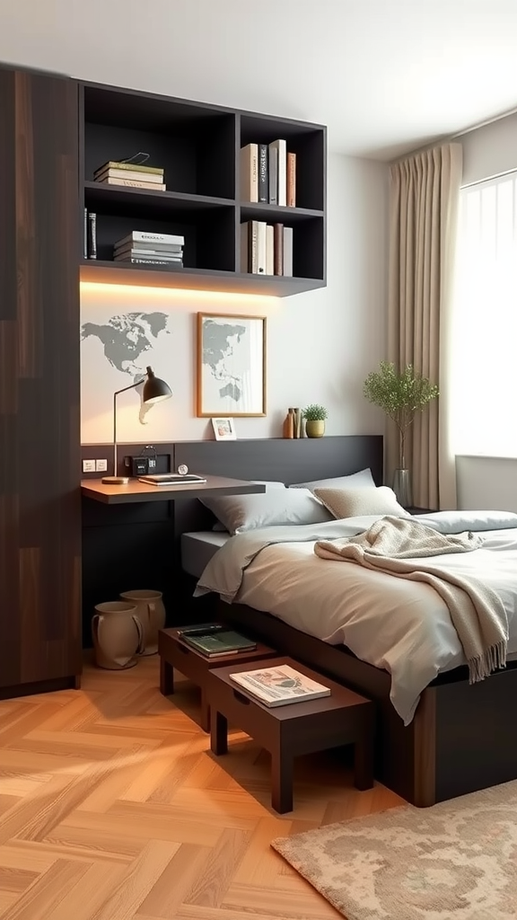 Cozy bedroom with multi-functional furniture and smart storage solutions