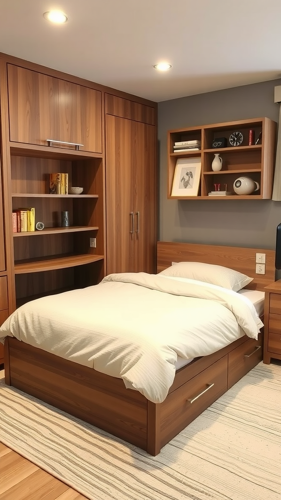 Cozy room with smart furniture choices featuring a bed with storage drawers and shelves on the wall