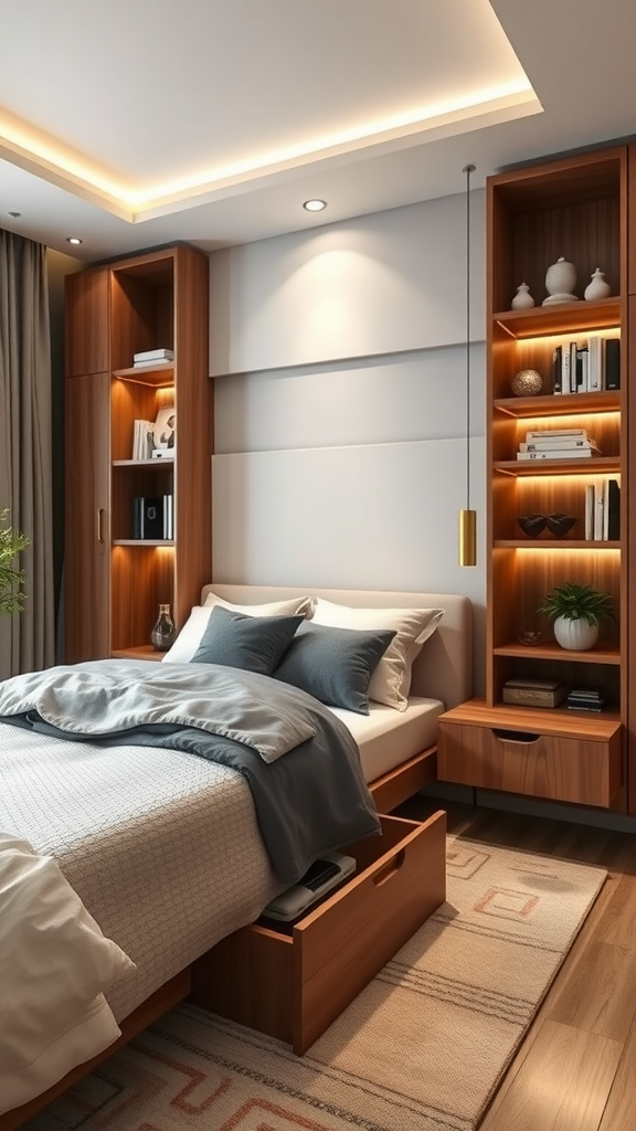Cozy bedroom with smart storage solutions including wooden cabinets, shelves, and under-bed drawers.