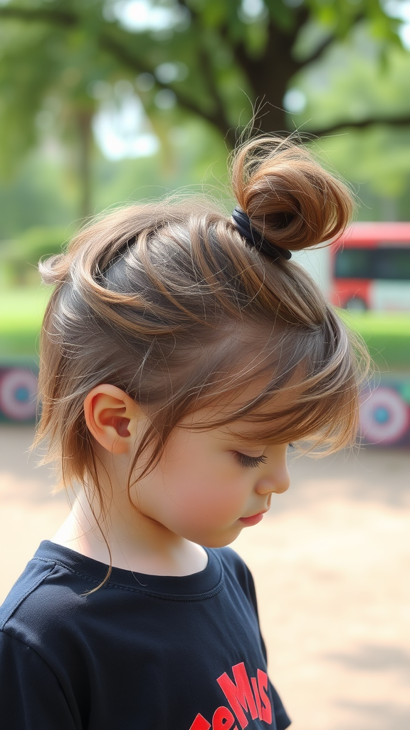 A child with a messy bun hairstyle, wearing a black t-shirt with a red graphic.