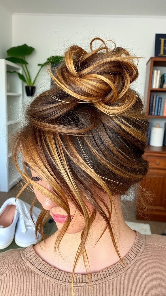 A woman with a stylish messy bun hairstyle, showcasing effortless elegance.