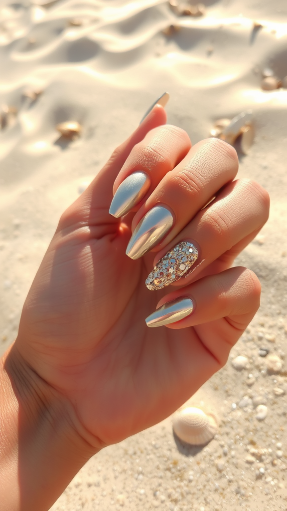 A hand with metallic silver nails and one nail featuring glitter, set against a sandy background.