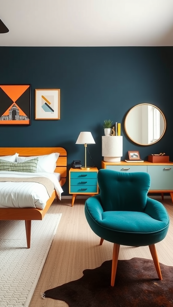A cozy mid-century modern bedroom featuring a dark blue wall, wooden furniture, and a teal chair.