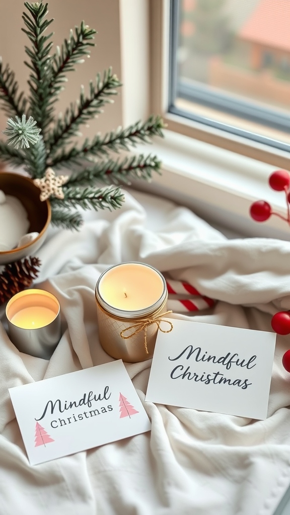 A cozy Christmas setting with 'Mindful Christmas' cards, a lit candle, and a small evergreen tree.