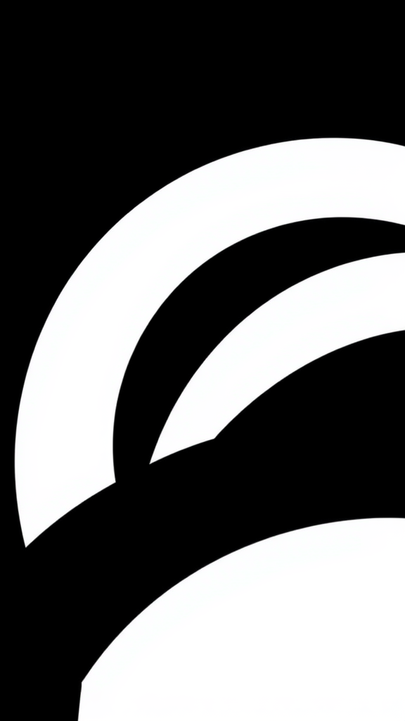 A minimalist black and white abstract design featuring bold curves and lines.