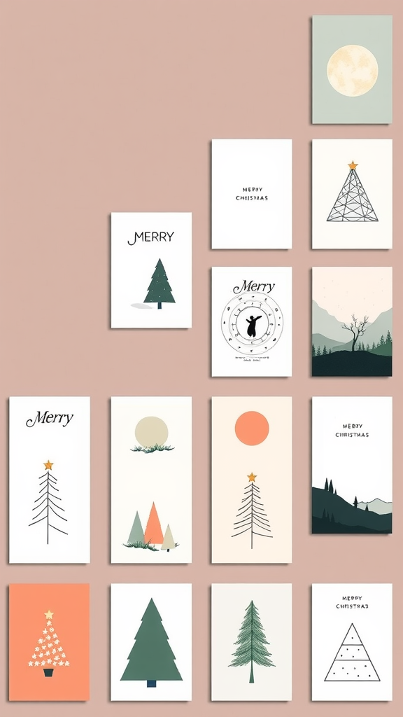 An assortment of minimalist Christmas card designs featuring trees, stars, and simple messages on a neutral background.