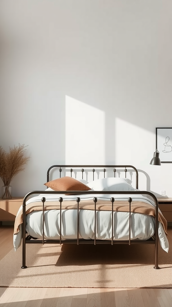 A minimalist bedroom featuring a metal bed frame, soft bedding, and natural light.