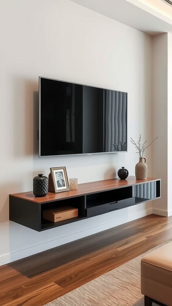 A minimalist floating TV stand with a wooden surface and black base, mounted on a light wall with decorative items displayed on it.