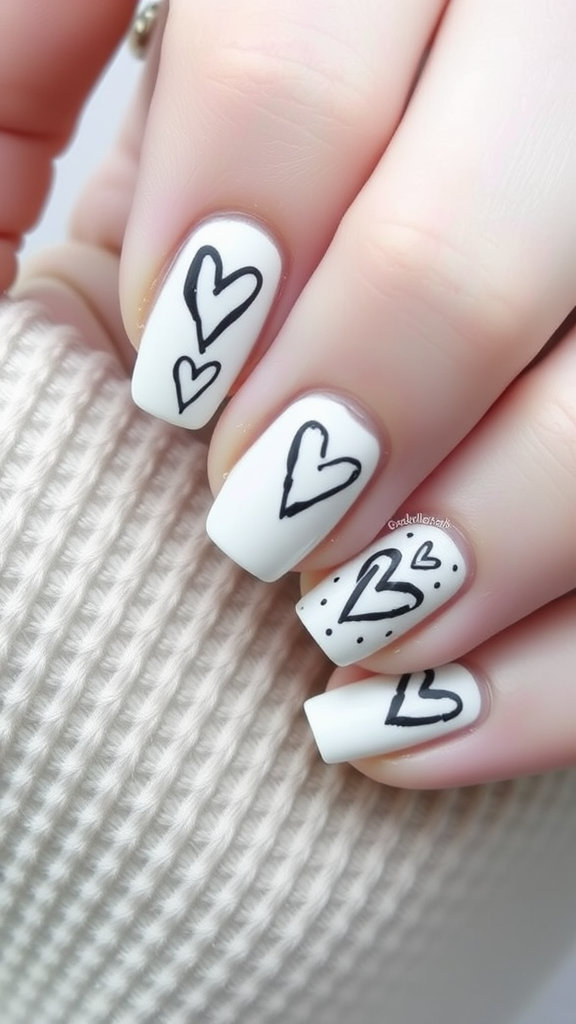 Nail art featuring minimalist black heart doodles on white nails.