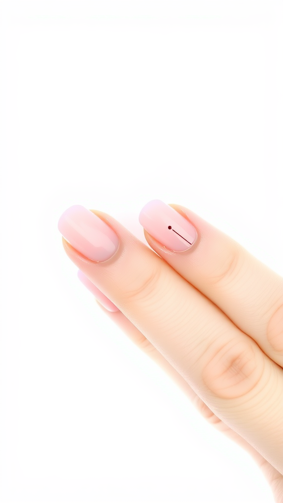 Close-up of a hand with minimalistic pink nail design featuring a small line and dot.