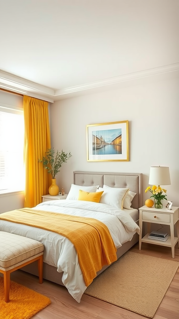 A cozy bedroom featuring yellow curtains, a yellow throw, and neutral bedding.