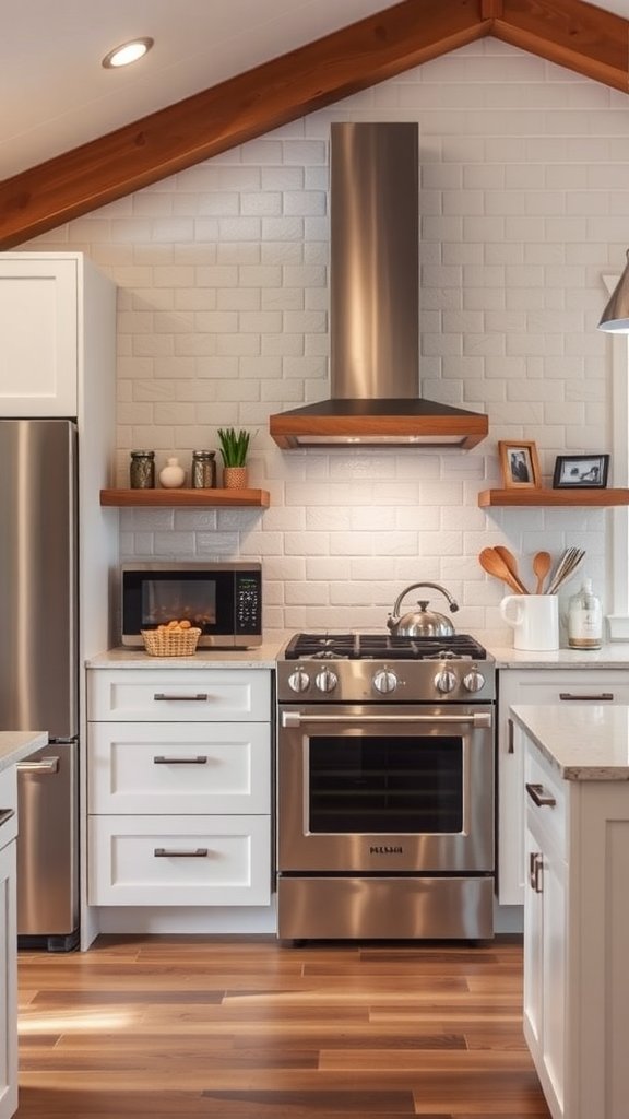 A modern kitchen featuring a stainless steel oven, hood, microwave, and wooden shelves.