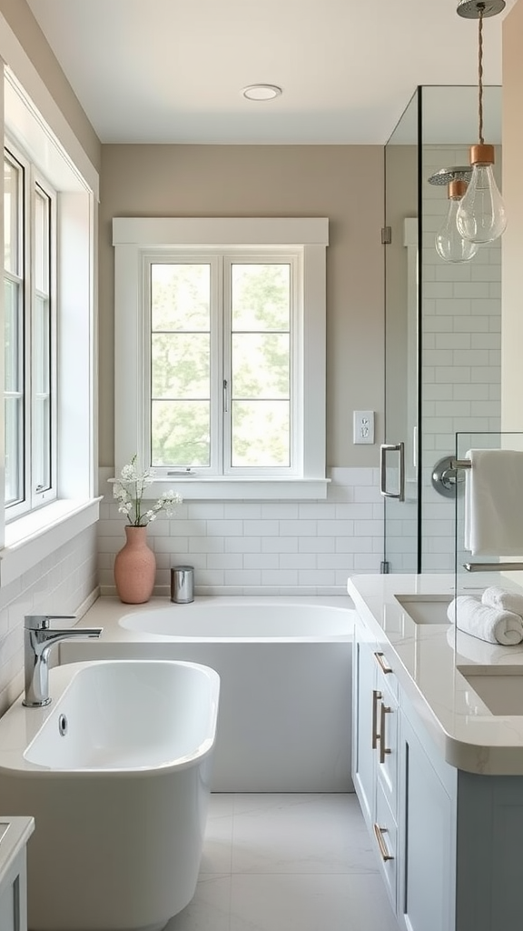 A modern bathroom featuring a freestanding tub, sleek vanity, and large windows for natural light.