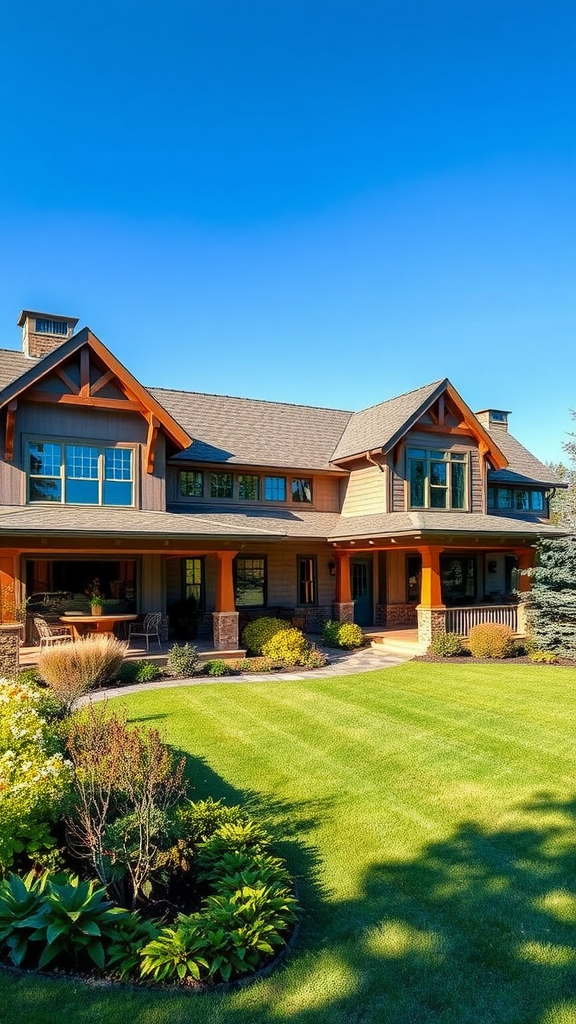 A modern farmhouse featuring wooden accents, a spacious porch, and a well-maintained lawn.