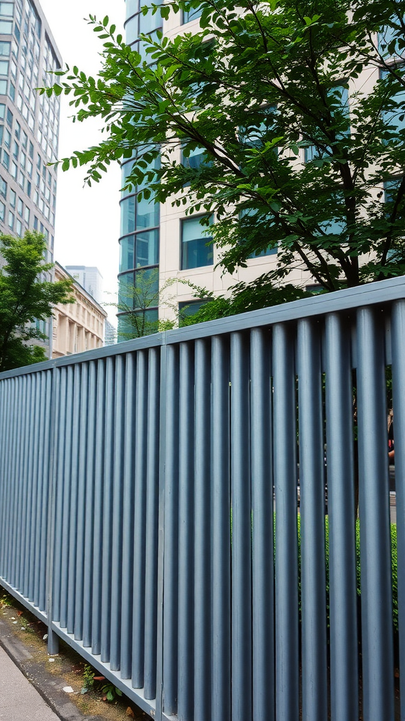Image of a corrugated metal fence in a modern urban setting