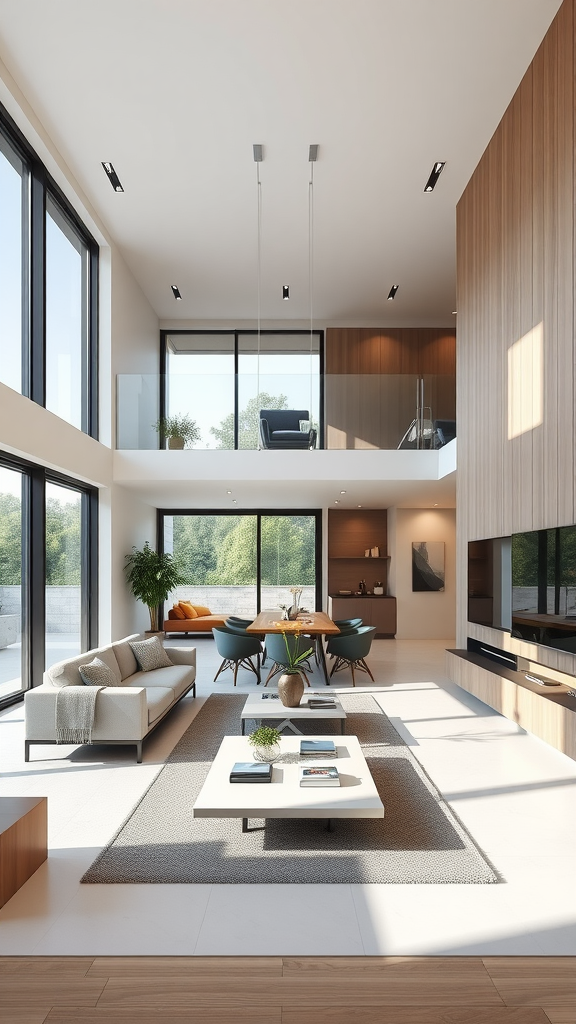 A spacious living room featuring large windows, neutral colors, and modern furniture, showcasing a minimalist design.